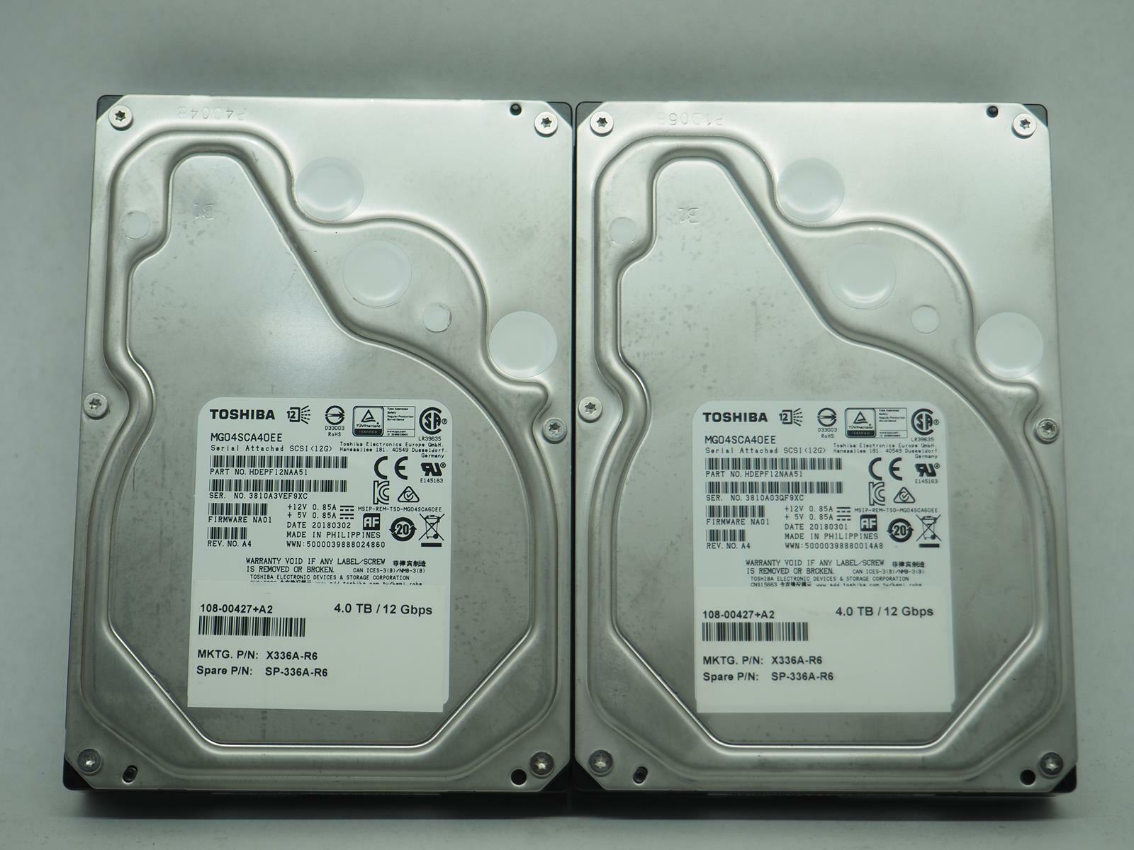 Lot of 2 TOSHIBA 4TB 3.5" SAS HDD Server Hard Drives Tested, Wiped - MG04SCA40EE
