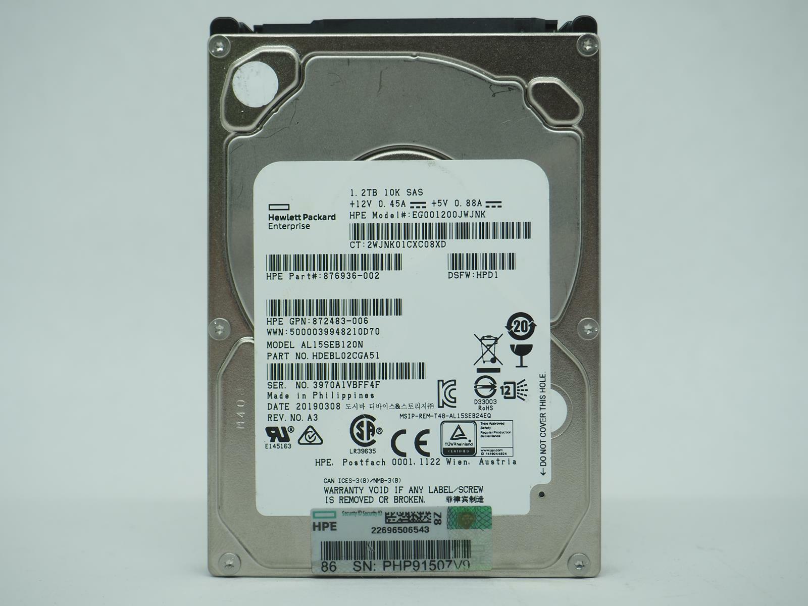 HP Enterprise 1.2TB 2.5" 10000 RPM SAS Server HDD Tested,Wiped - AL15SEB120CGA51