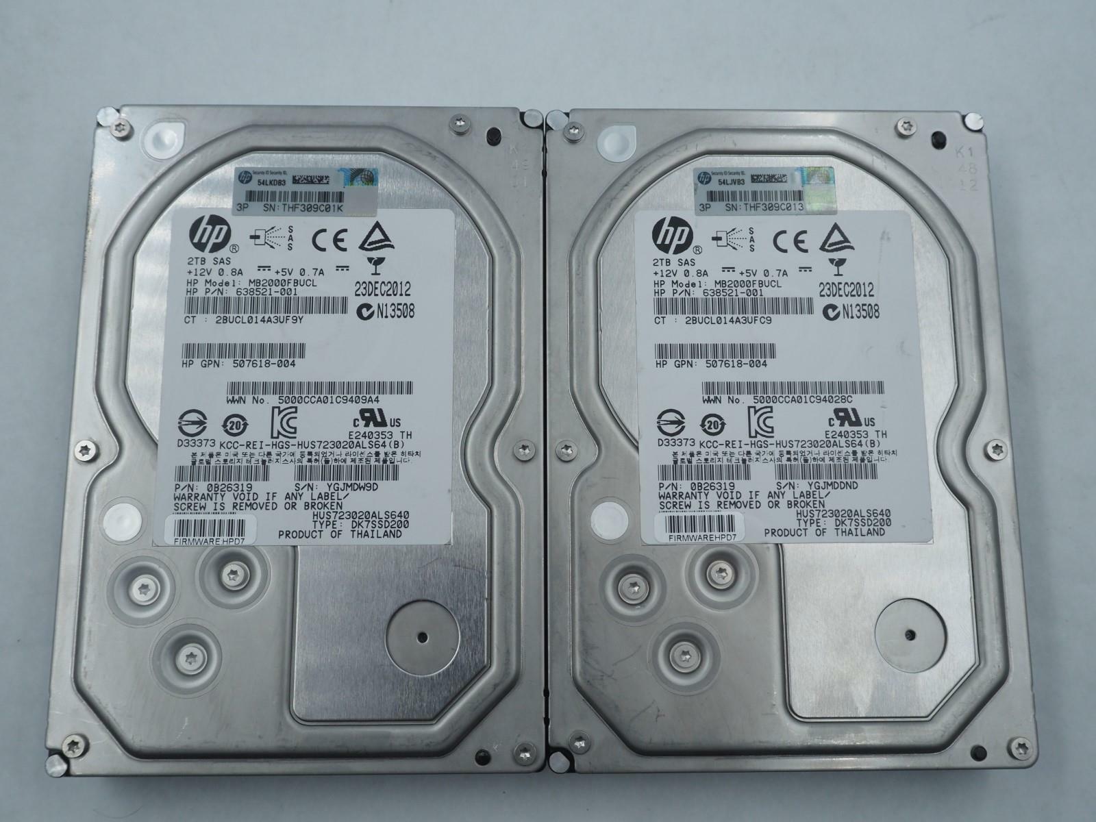 Lot of 2 HP 2TB 3.5" 7200RPM SAS HDDs Tested, Wiped -MB2000FBUCL