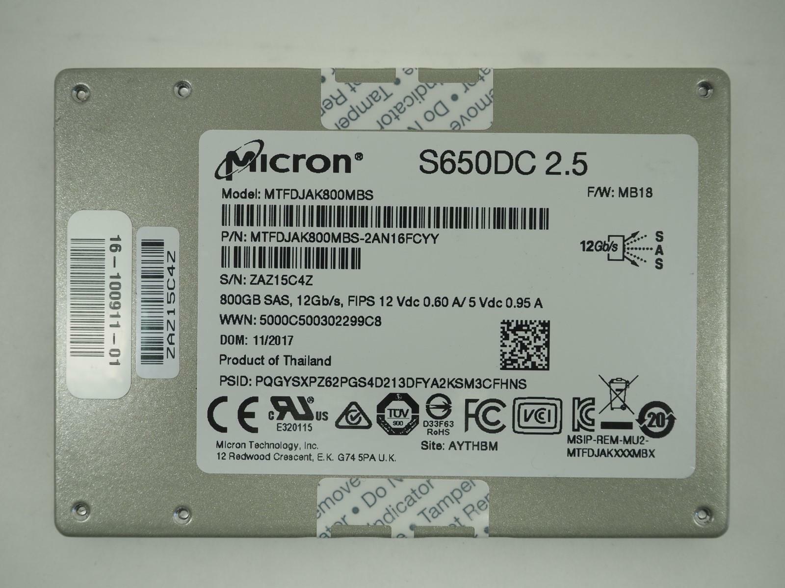 MICRON S650DC 800GB 2.5" SAS SSD Solid State Drive Tested, Wiped -MTFDJAK800MBS